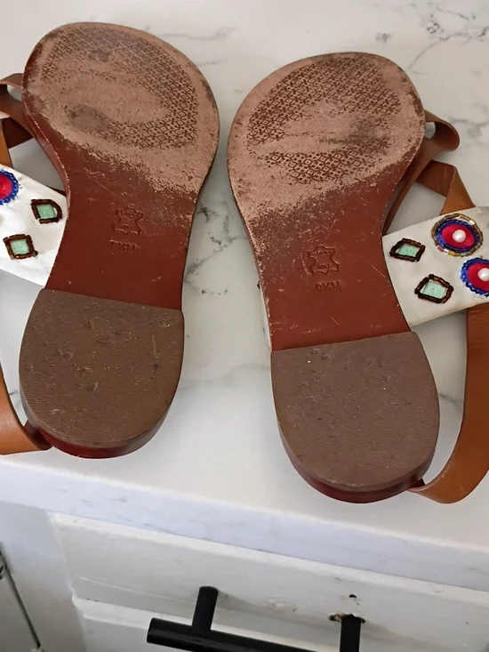 TORY BURCH Handcrafted Brown Leather Slide Sandals with Blue Embroidered Flower - Picture 8 of 12